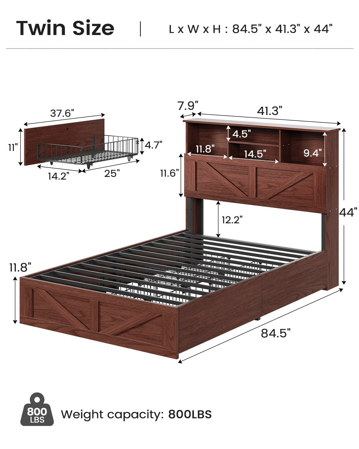 AOGLLATI Bed Frame with 4 Storage Drawers and Charging Station Farmhouse Wooden Led Twin Bed with Storage and Metal Slats