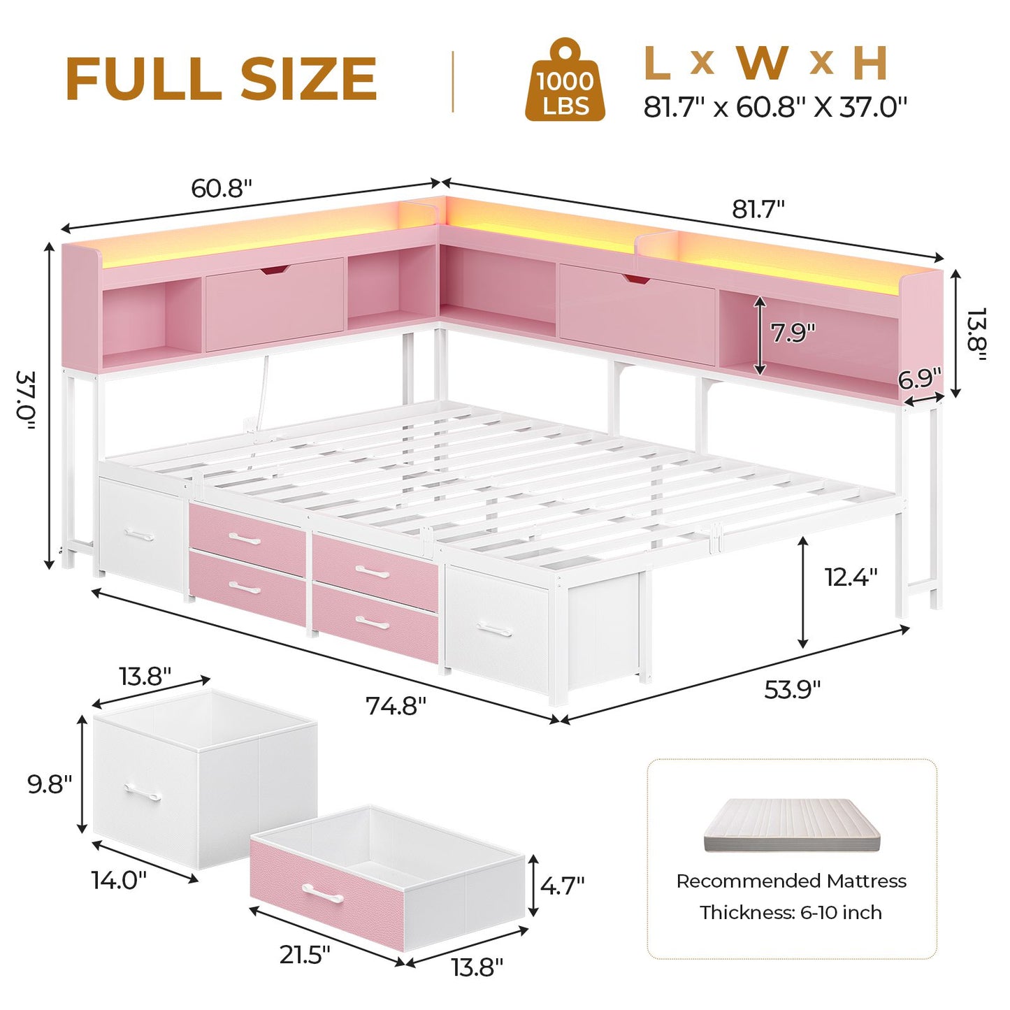 AOGLLATI Corner Bed Frame with 6 Storage Drawers and Bookcase Full Size Daybed with Charging Station and LED Lights for Kids Teens