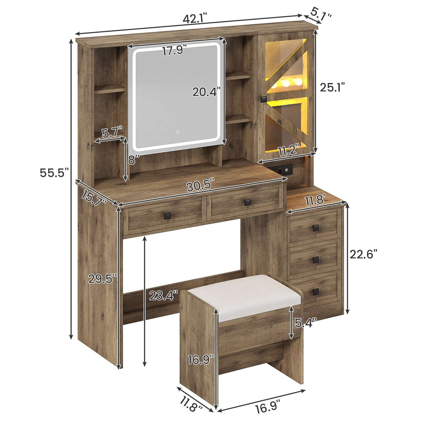 AOGLLATI Farmhouse Vanity Desk with Mirror and Lights Makeup Vanity Set with 5 Drawers and Charging Station for Bedroom