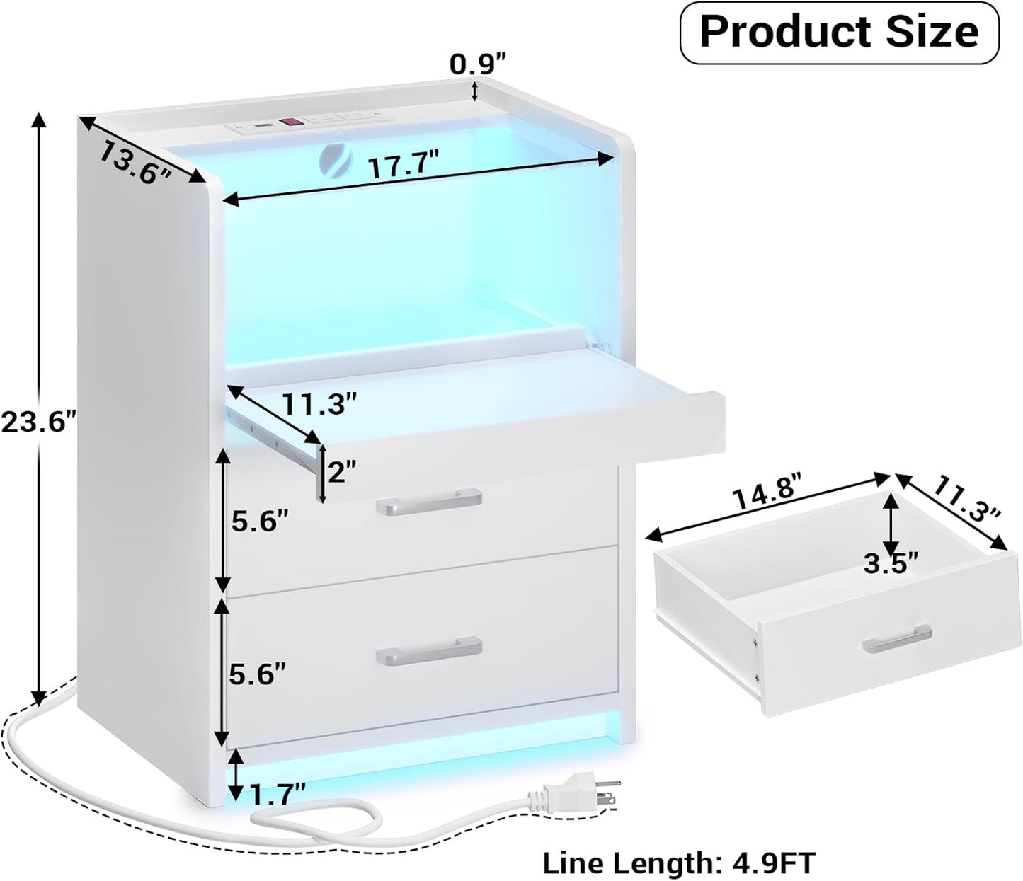 AOGLLATI Nightstand with Charging Station and LED Lights Night Stand with Pull-Out Tray and 2 Drawers Bedside Table