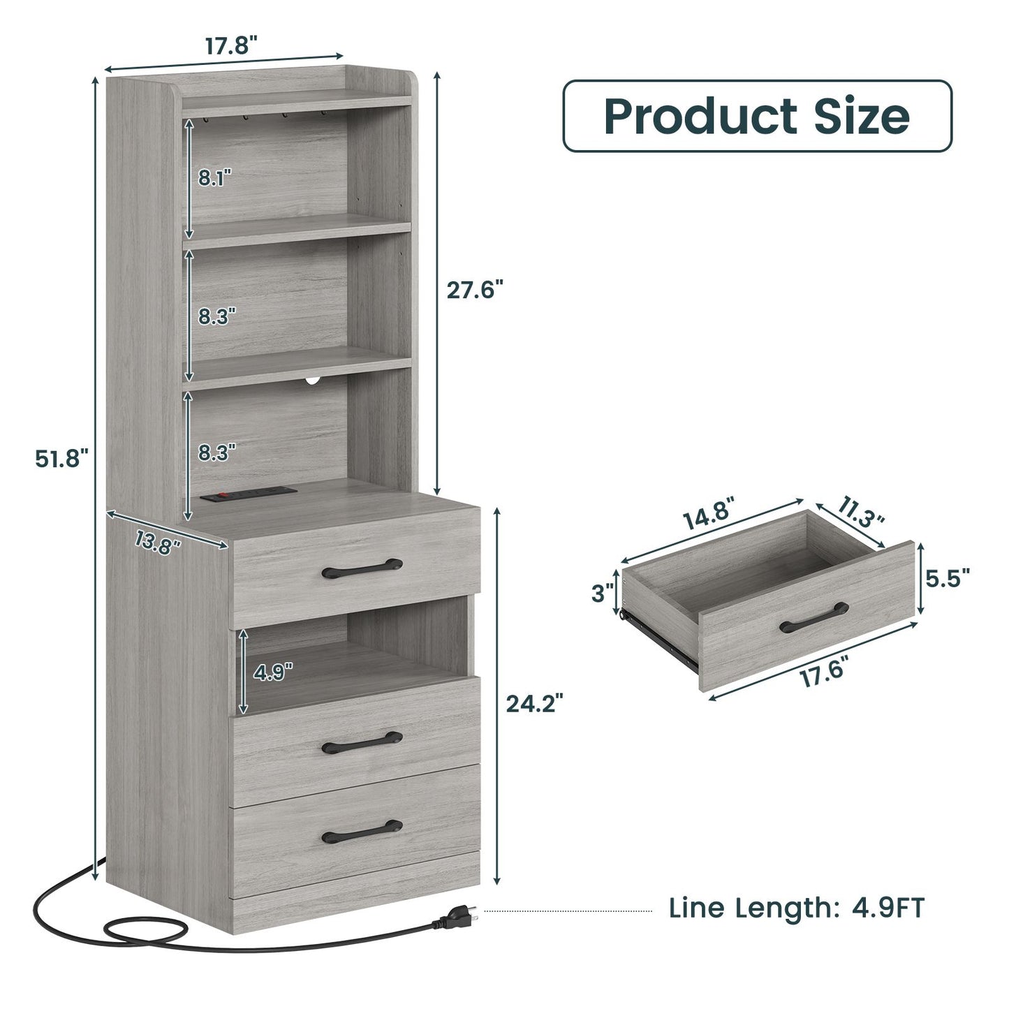 AOGLLATI 51.8 Inch Tall Nightstand with Charging Station and LED Lights Night Stand with 3 Drawers and Storage Shelves