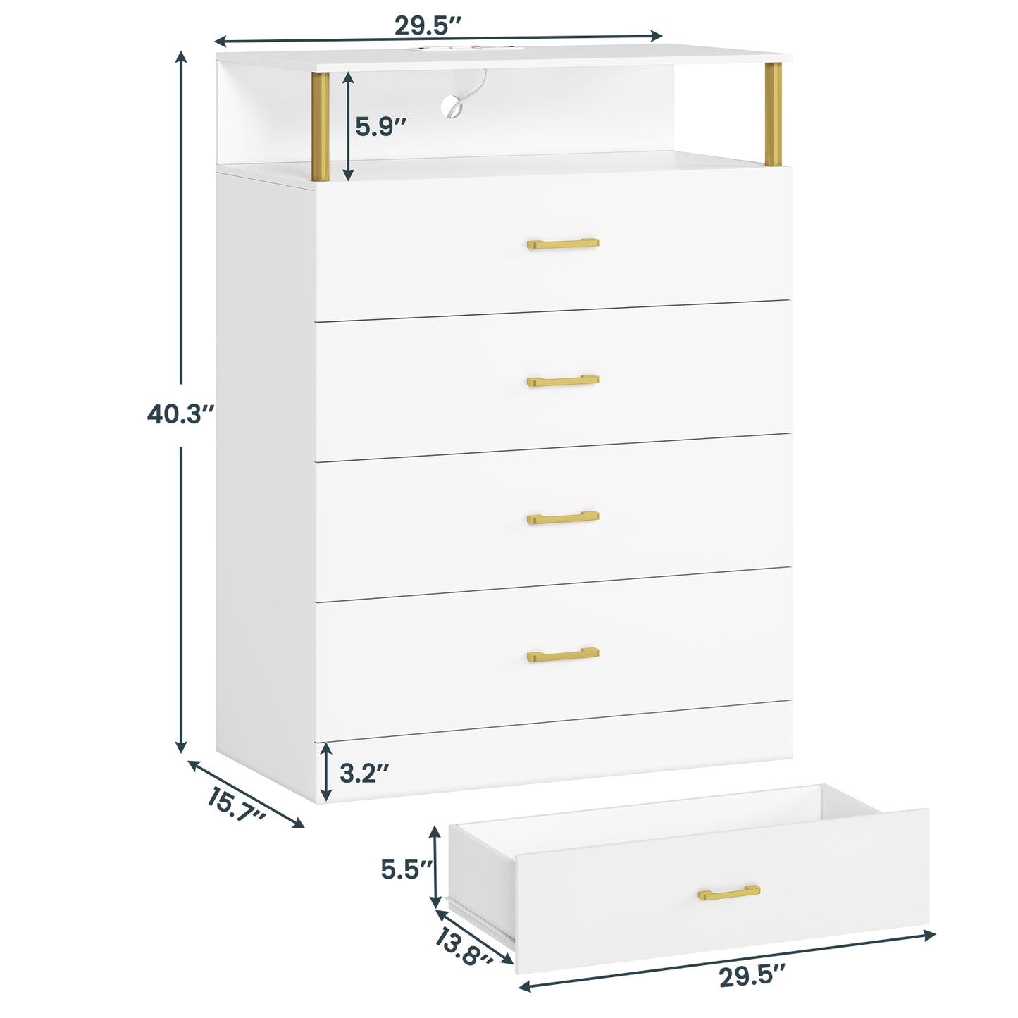 AOGLLATI 40.3 Inch Tall Dresser with 4 Drawer Dresser with Charging Station, Column Design Led Dresser for Bedroom Closet