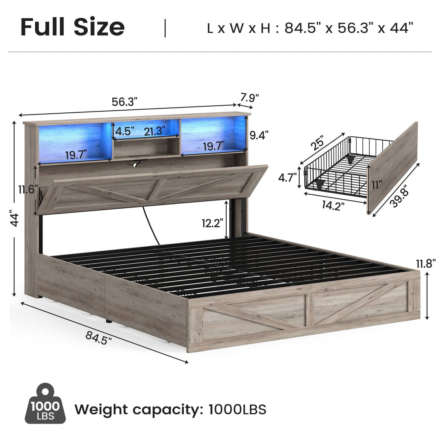AOGLLATI Full Size Bed Frame with Storage Bookcase Headboard and 4 Drawers Wooden Farmhouse Led Bed Frame with Charging Station and Metal Slats
