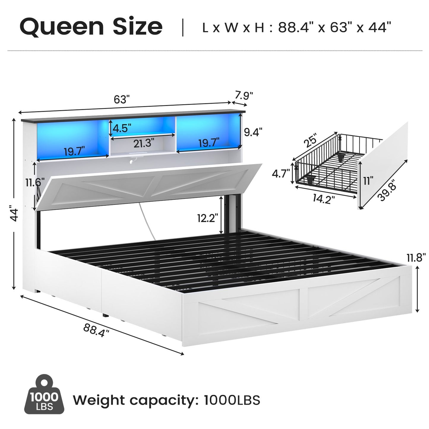 AOGLLATI Queen Bed Frame with Storage Bookcase Headboard and 4 Drawers Wooden Farmhouse Led Bed Frame with Charging Station and Metal Slats