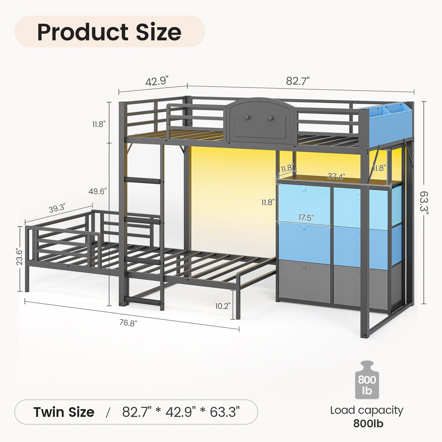 AOGLLATI Bunk Bed with 6 Storage Drawers and Bedside Storage for Kids Teens Metal Led Loft Bed Twin Over Twin with Safety Guardrails for Small Space
