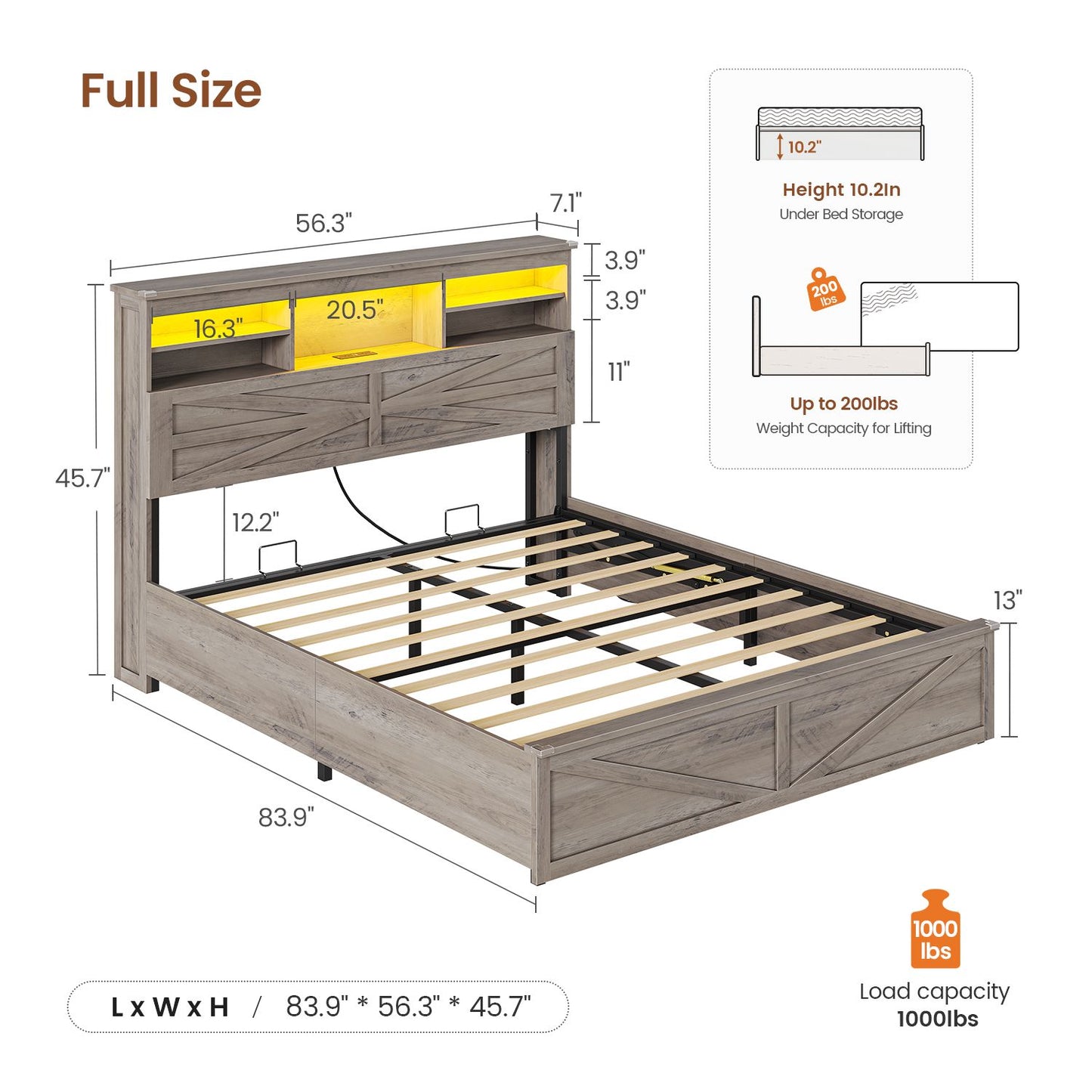 AOGLLATI Farmhouse Full Size Bed Frame with Lift Up Storage and Hidden Bookcase Headboard Wood Bed Frame with Charging Station and Led Lights