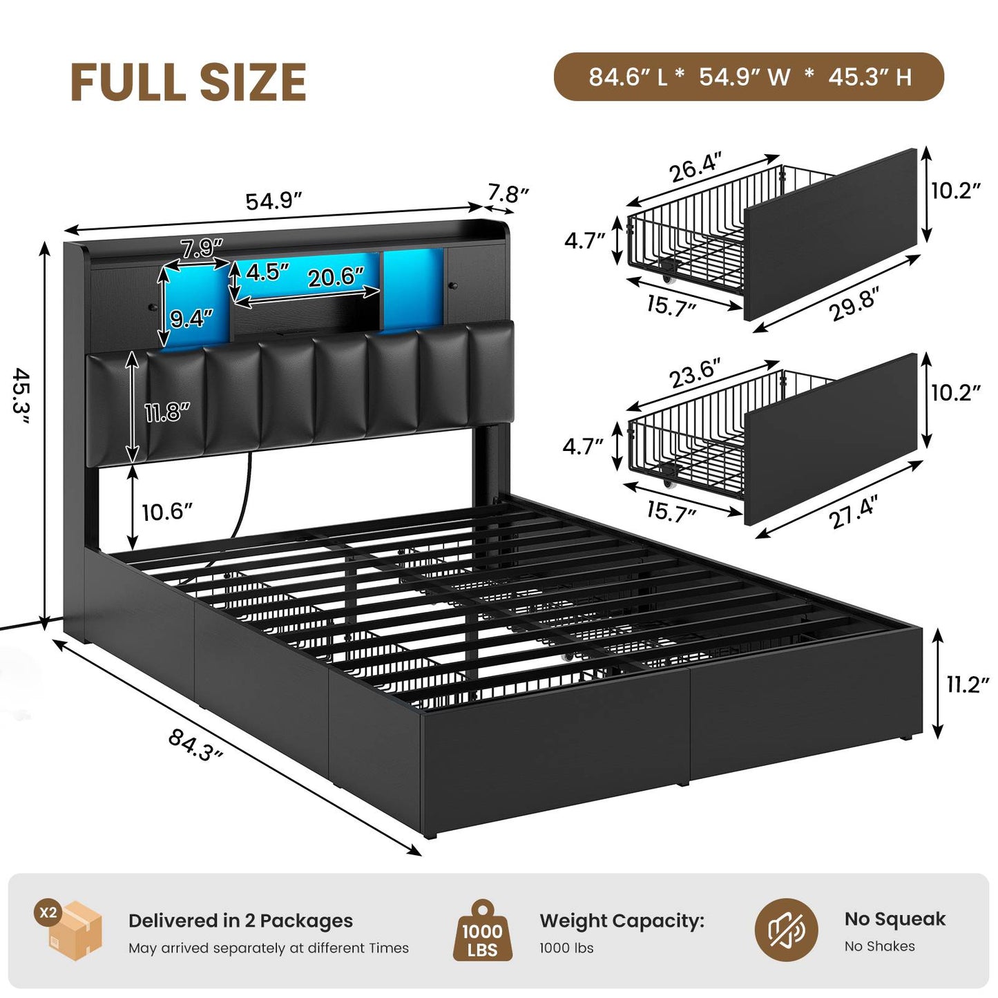 AOGLLATI Full Bed Frame with 6 Storage Drawers and 3-Tier Headboard Upholstered Led Bed Frame with Charging Station and 2 Cabinet Storage
