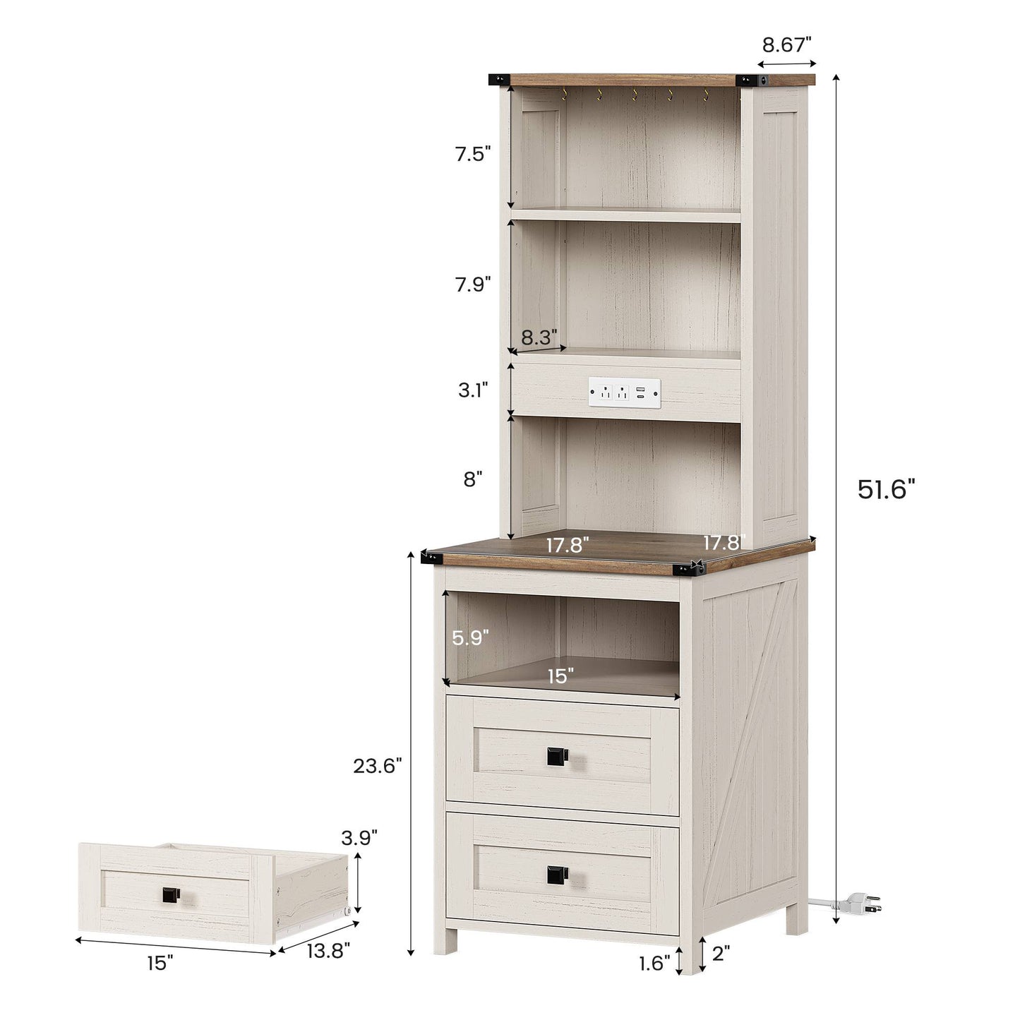 AOGLLATI Farmhouse Tall Nightstand with Charging Station and Bookshelf Led Wood Night Stand with 2 Drawers 6 Hooks and Storage Shelves