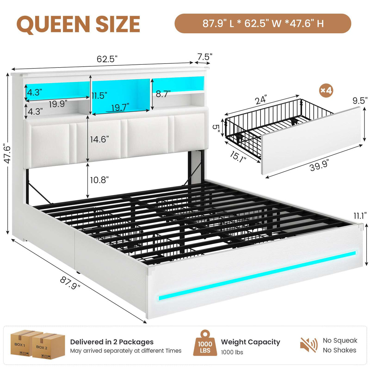 AOGLLATI Queen Bed Frame with 4 Storage Drawers and 3-Tier Bookcase Headboard Upholstered Velvet Bed Frame with Led Lights and Charging Station