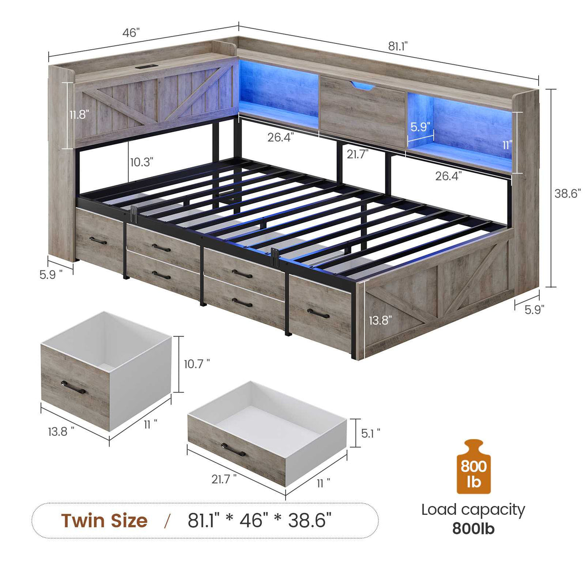 AOGLLATI Twin Corner Farmhouse Bed with 6 Drawers and Hidden Storage Daybed with Charging Station and L-Shape Top Storage 2 Bookcase