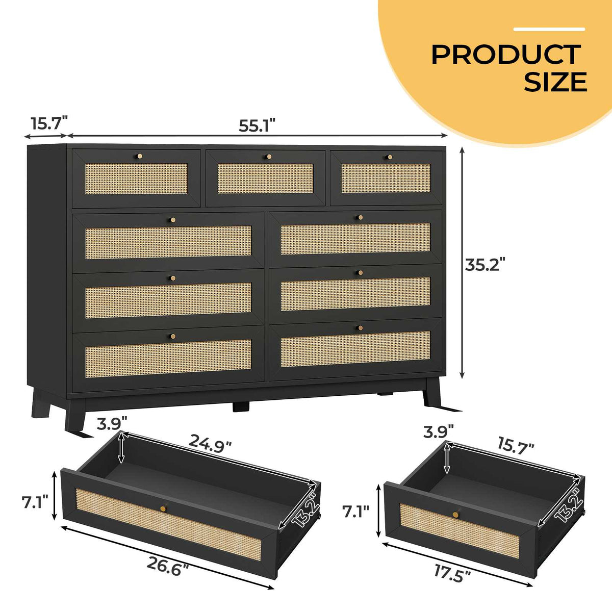 AOGLLATI 55.1 Inch Dresser with 9 Drawer Modern Wooden Long Dresser Rattan Chest of Drawers with Metal Handle & Solid Wood Legs