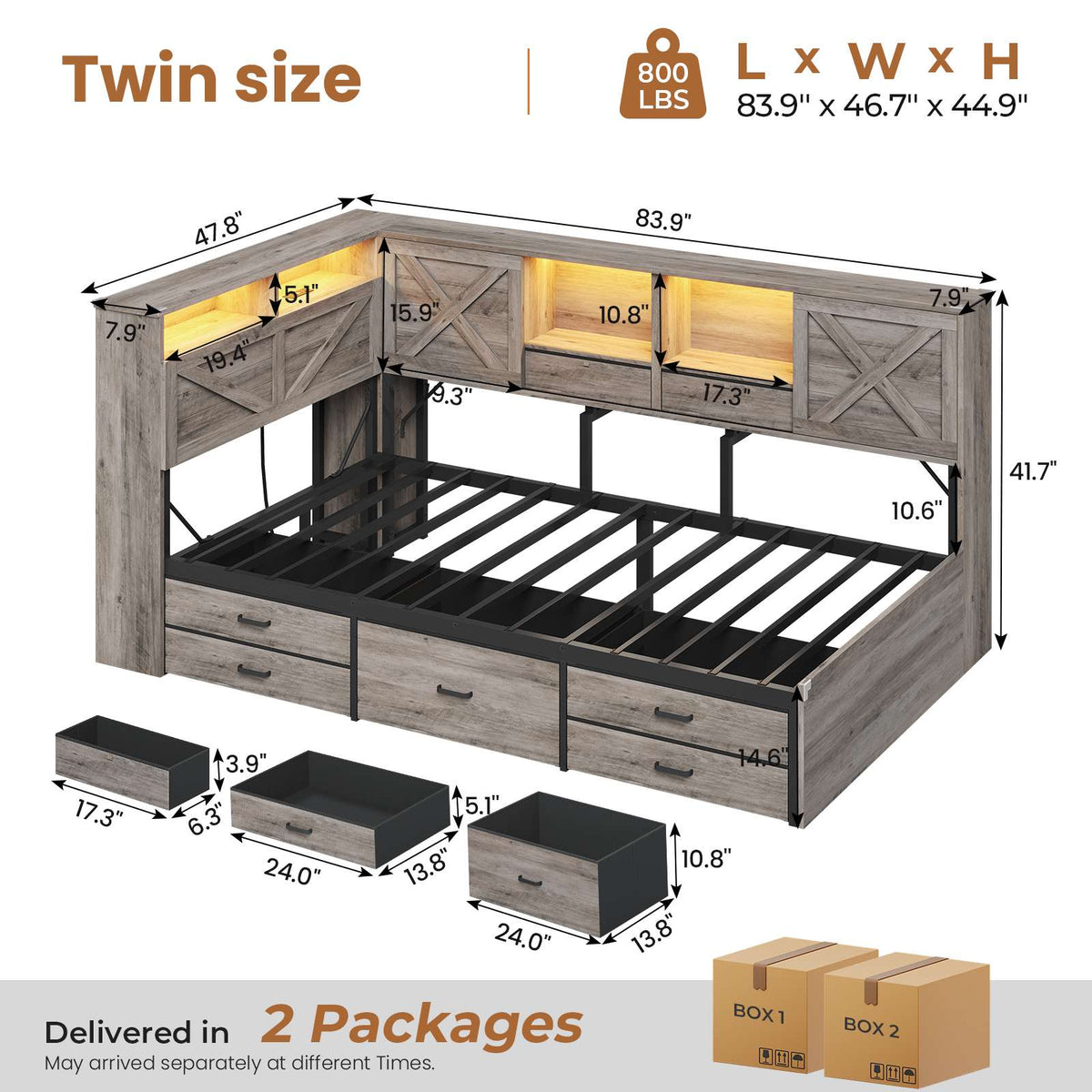AOGLALTI Farmhouse Twin Corner Bed with 7 Drawers and Sliding Doors LED Daybed with 2 Tier Side Bookshelves and Charging Station and Hidden Headboard