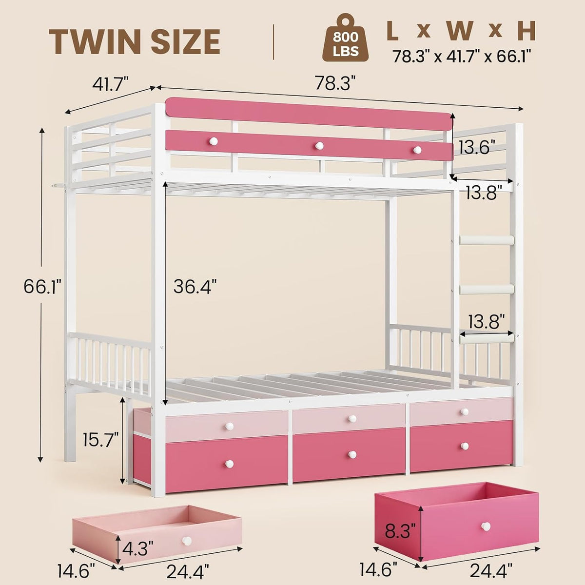 AOGLLATI Twin Over Twin Bunk Bed with 6 Storage Drawers and Large Under-Bed Storage Metal Bunk Bed with Playful Slats Design and Safety Guardrail