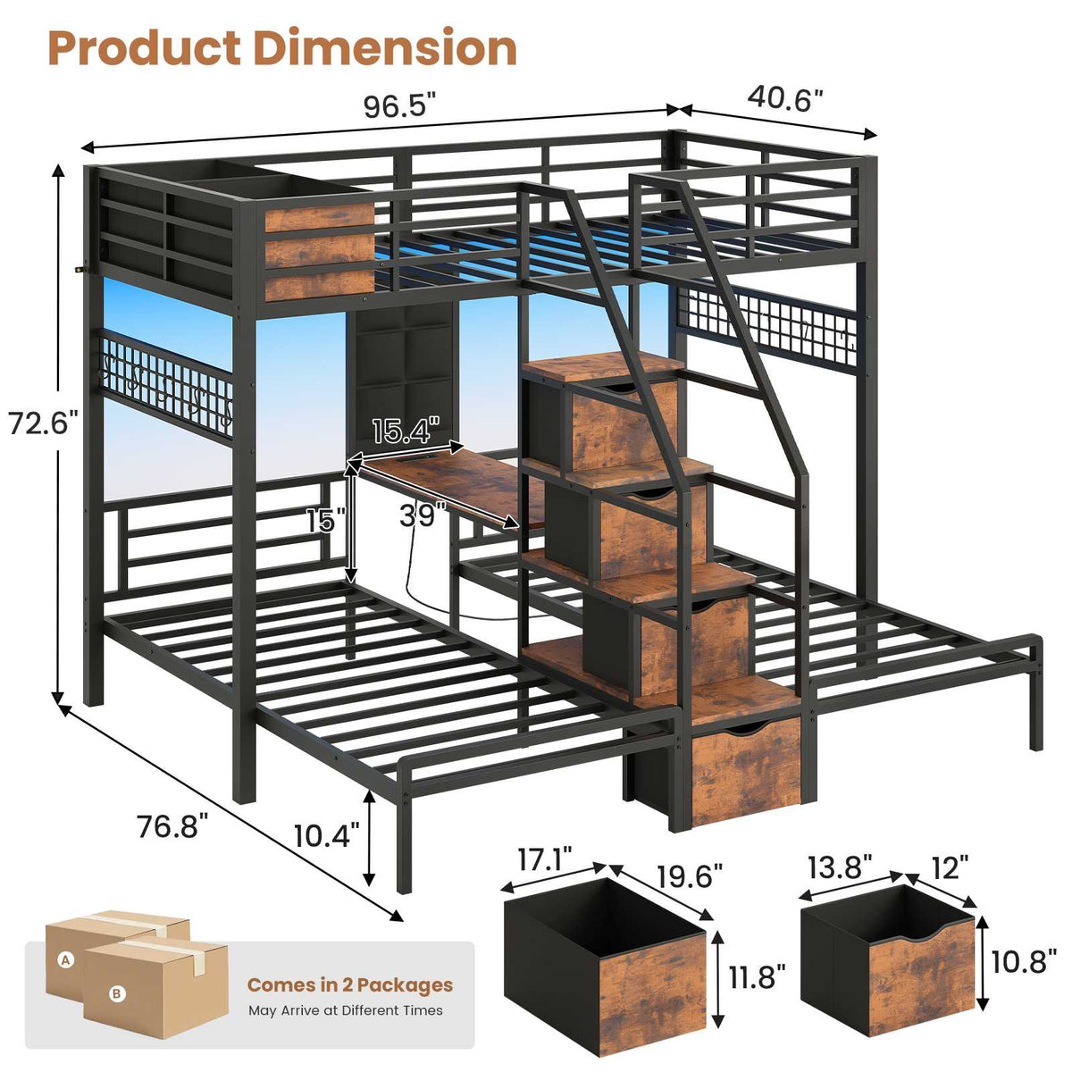 AOGLLATI Triple Bunk Bed with Desk and Stairs and 4 Drawers LED Metal Twin 3 Bunk Bed with Charging Station and Safety Guardrail