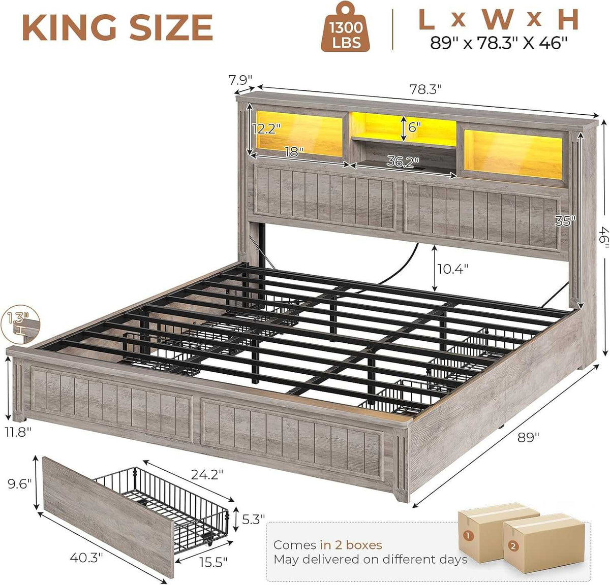 AOGLLATI King Size Bed Frame with Storage 4 Drawers and 3-Tier Hidden Headboard LED Farmhouse Wooden Bed Frame with Acrylic Sliding Door and Charging Station