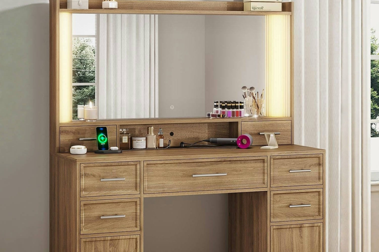 Aogllati Makeup Vanity Desk Brown wiith Large Lighting Mirror