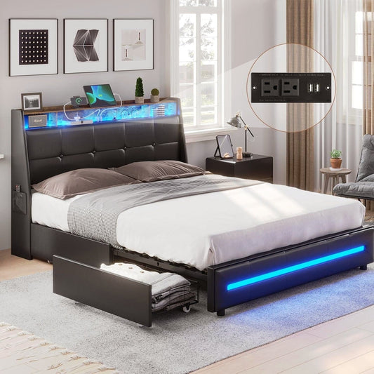 AOGLLATI Bed Frame 4 Drawers LED Bed Frame Black