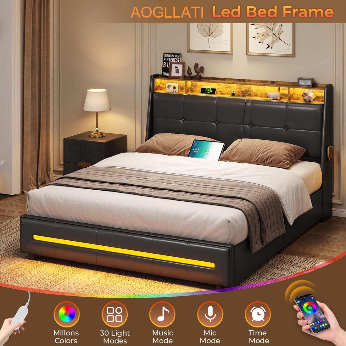 AOGLLATI Bed Frame AOGLLATI 4 Storage Drawers LED Bed Frame with Charging Station Black