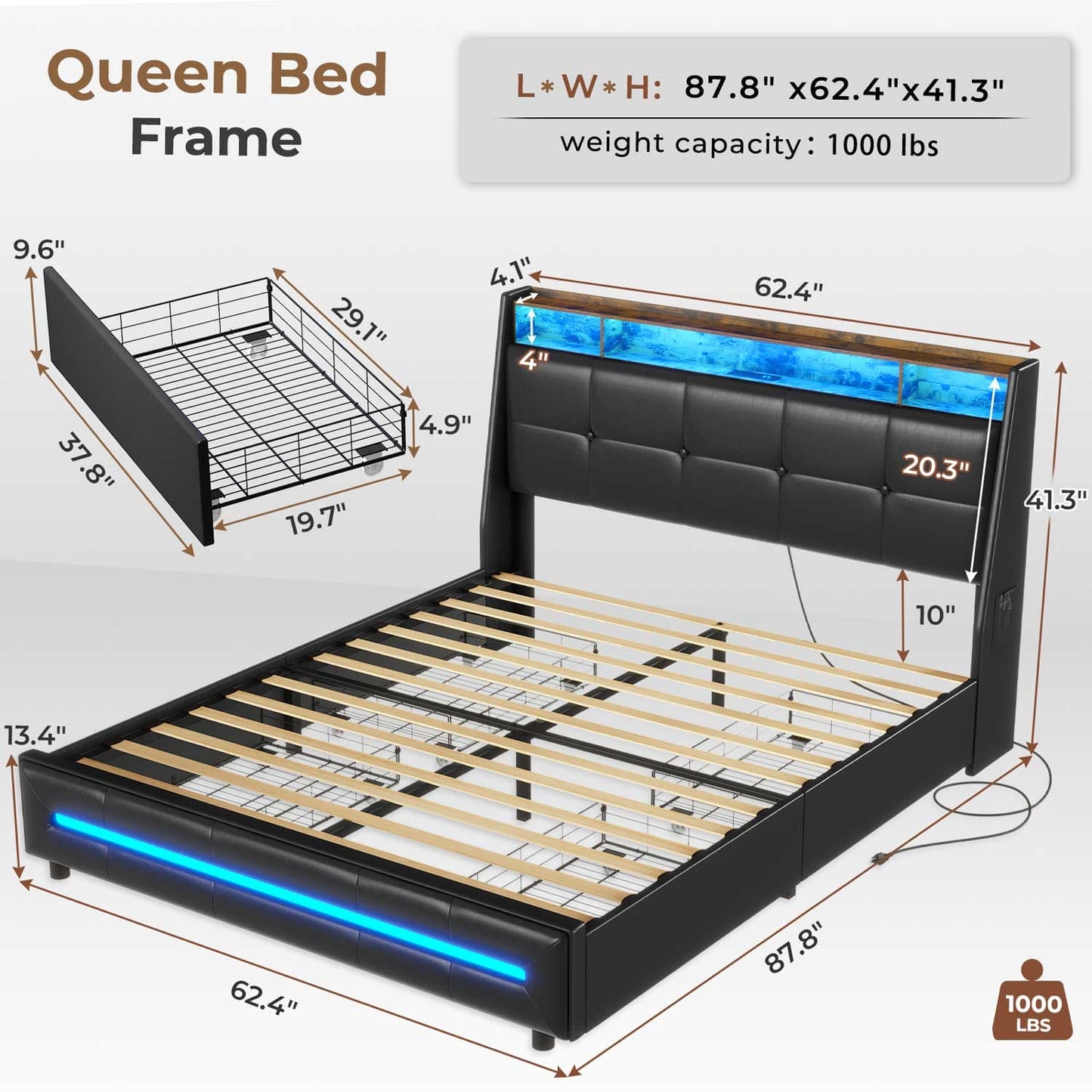 AOGLLATI Bed Frame AOGLLATI 4 Storage Drawers LED Bed Frame with Charging Station Black
