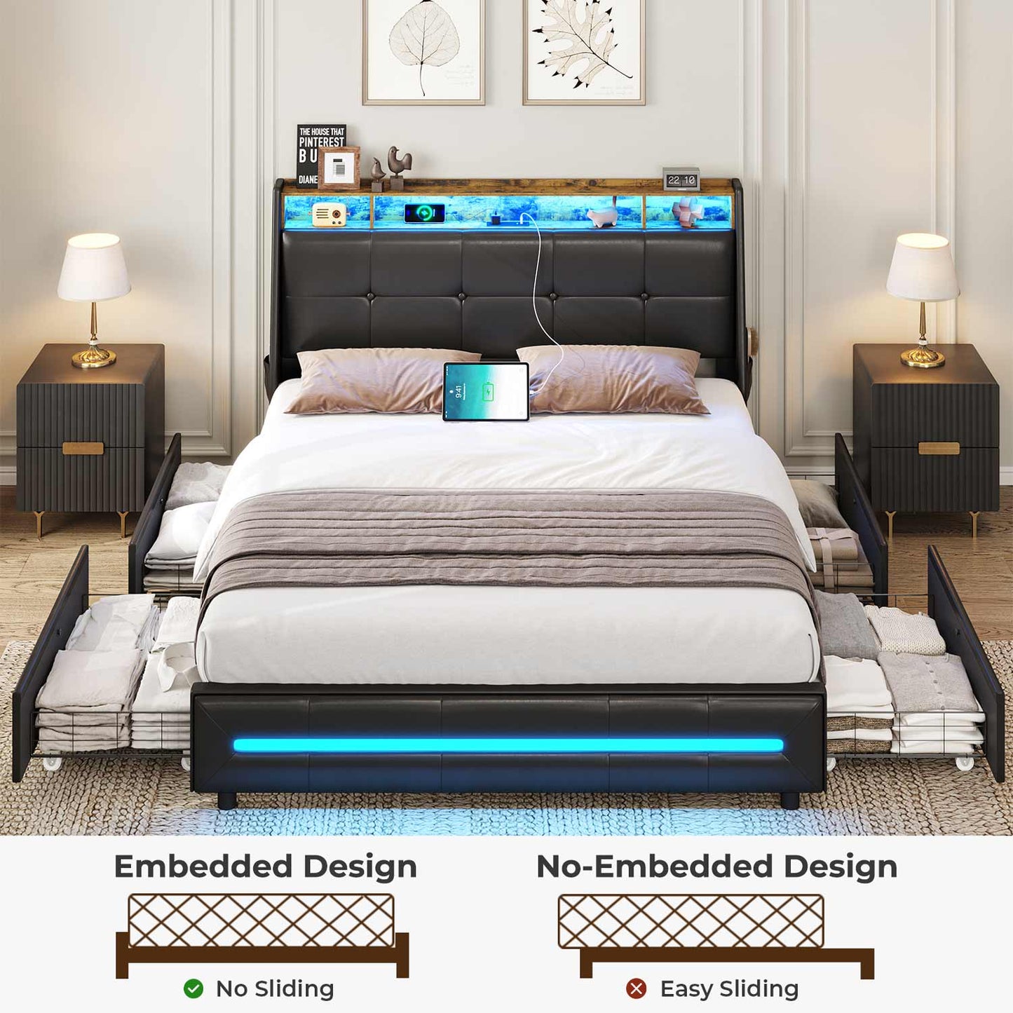 AOGLLATI Bed Frame AOGLLATI 4 Storage Drawers LED Bed Frame with Charging Station Black