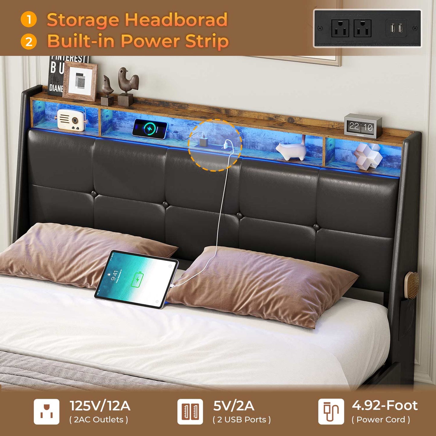 AOGLLATI Bed Frame AOGLLATI 4 Storage Drawers LED Bed Frame with Charging Station Black
