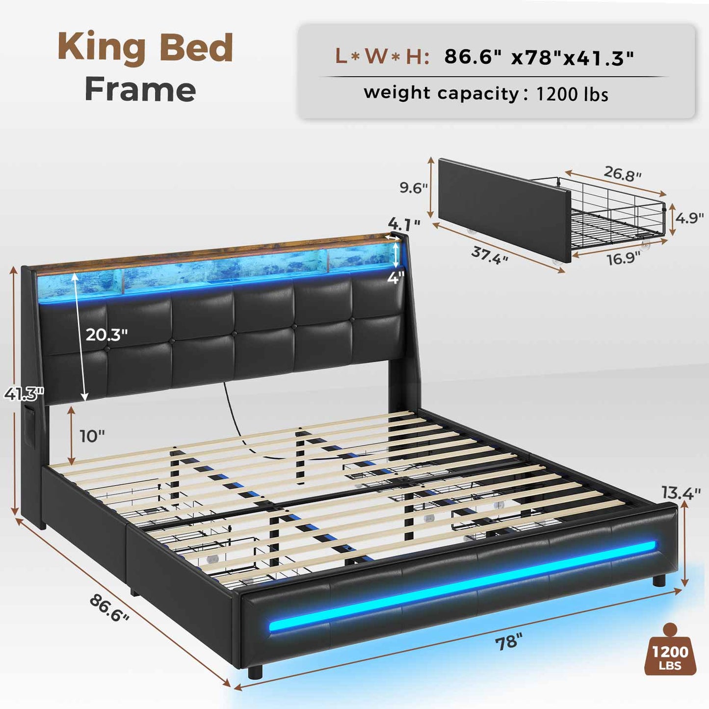 AOGLLATI Bed Frame AOGLLATI 4 Storage Drawers LED Bed Frame with Charging Station Black