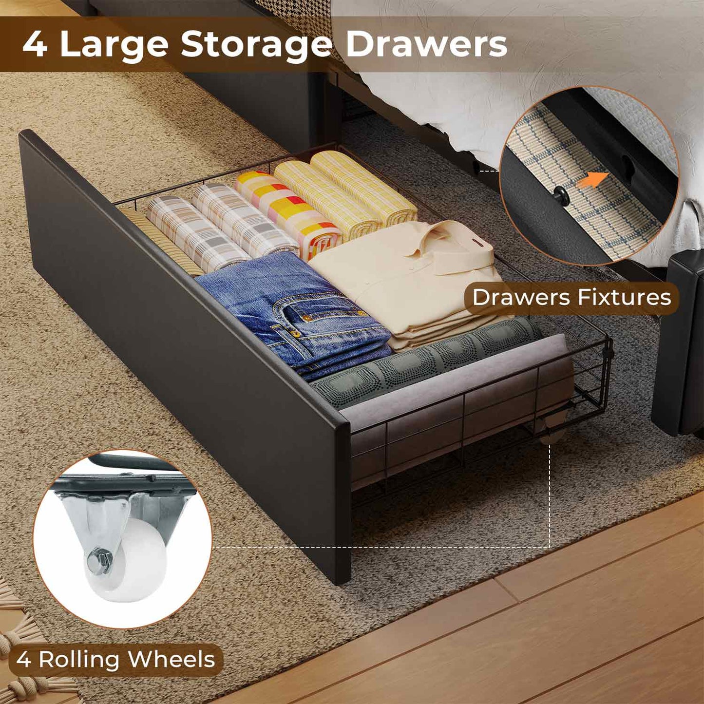 AOGLLATI Bed Frame AOGLLATI 4 Storage Drawers LED Bed Frame with Charging Station Black