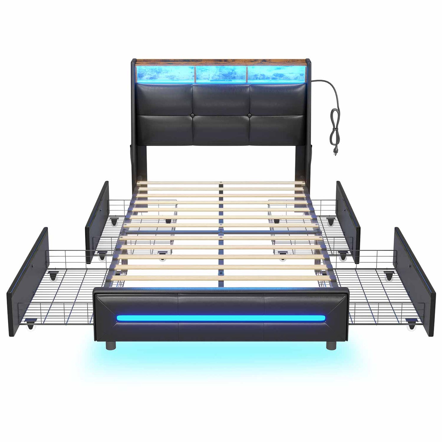 AOGLLATI Bed Frame AOGLLATI 4 Storage Drawers LED Bed Frame with Charging Station Black