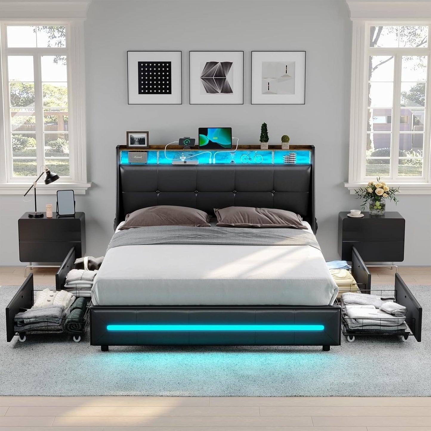 AOGLLATI Bed Frame AOGLLATI 4 Storage Drawers LED Bed Frame with Charging Station Black