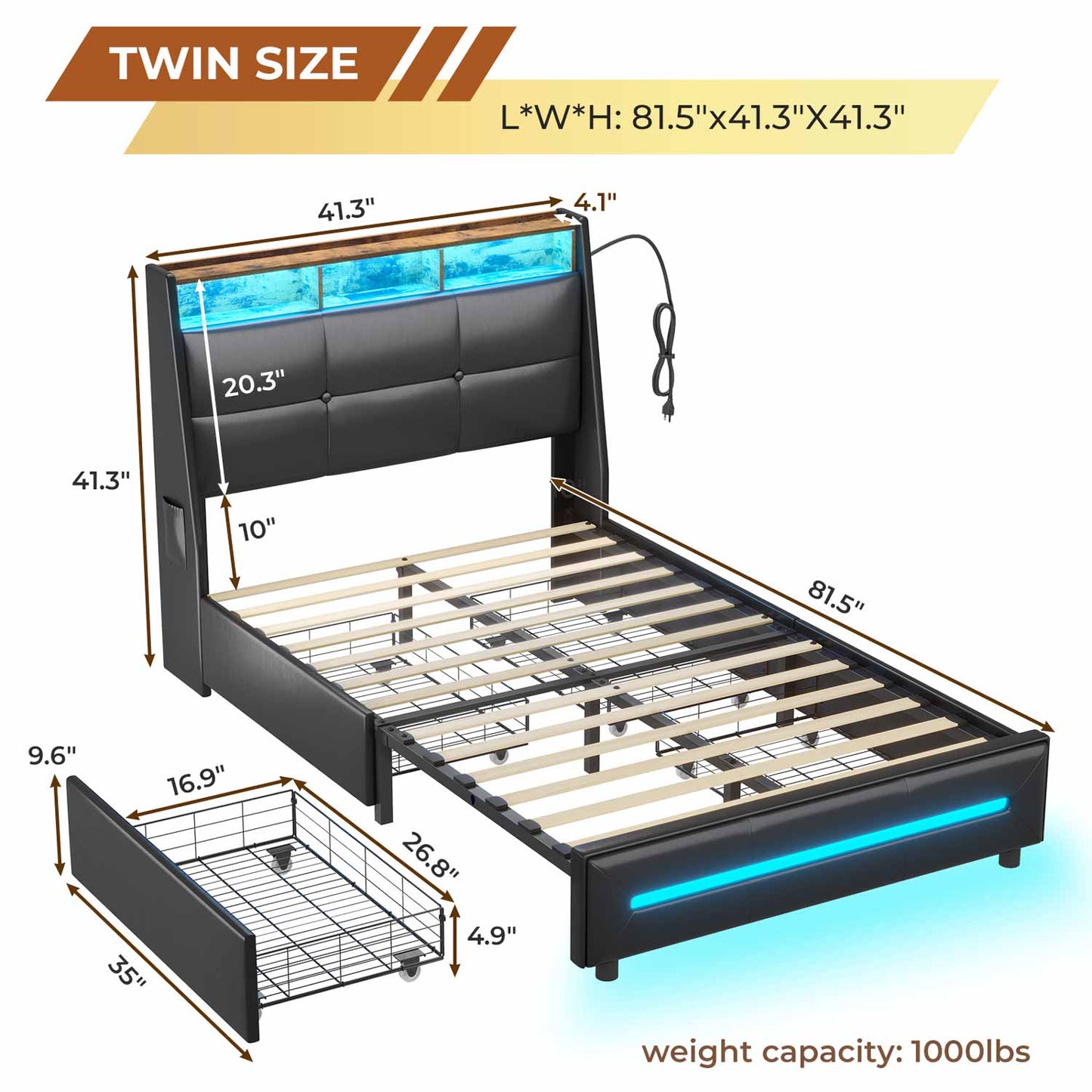 AOGLLATI Bed Frame AOGLLATI 4 Storage Drawers LED Bed Frame with Charging Station Black
