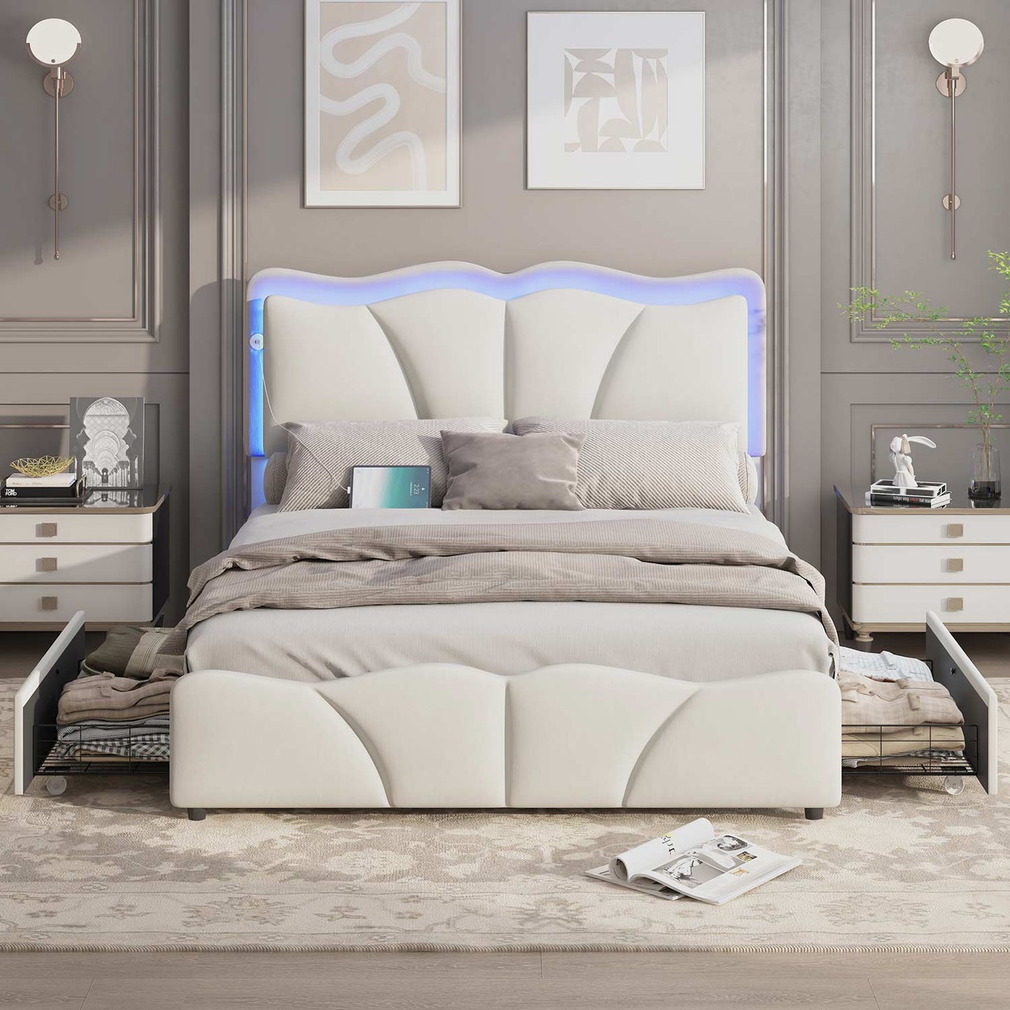 AOGLLATI Bed Frame AOGLLATI Bed Frame with 4 Drawers, Upholstered LED Bed Frame with Adjustable Flowers Headboard