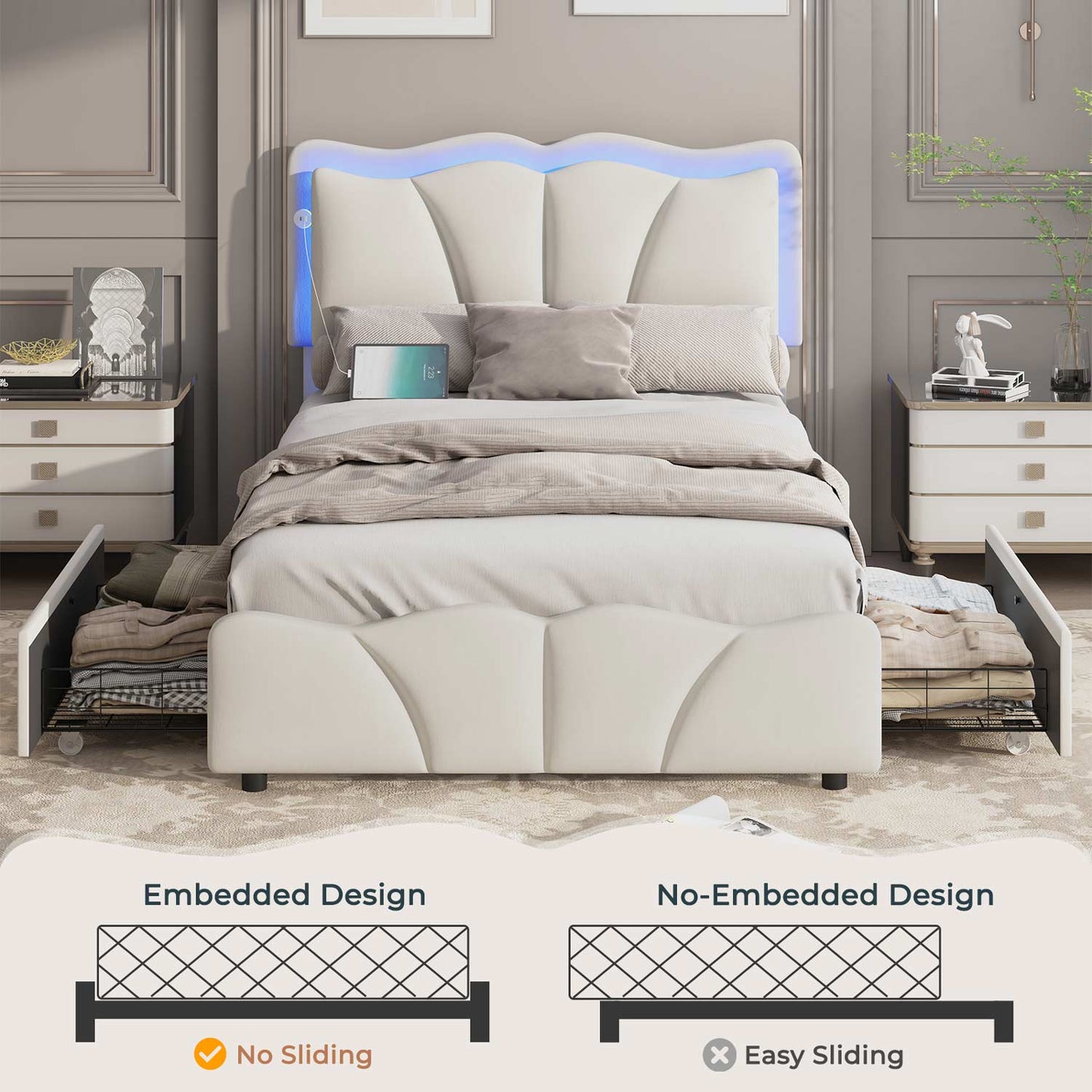 AOGLLATI Bed Frame AOGLLATI Bed Frame with 4 Drawers, Upholstered LED Bed Frame with Adjustable Flowers Headboard