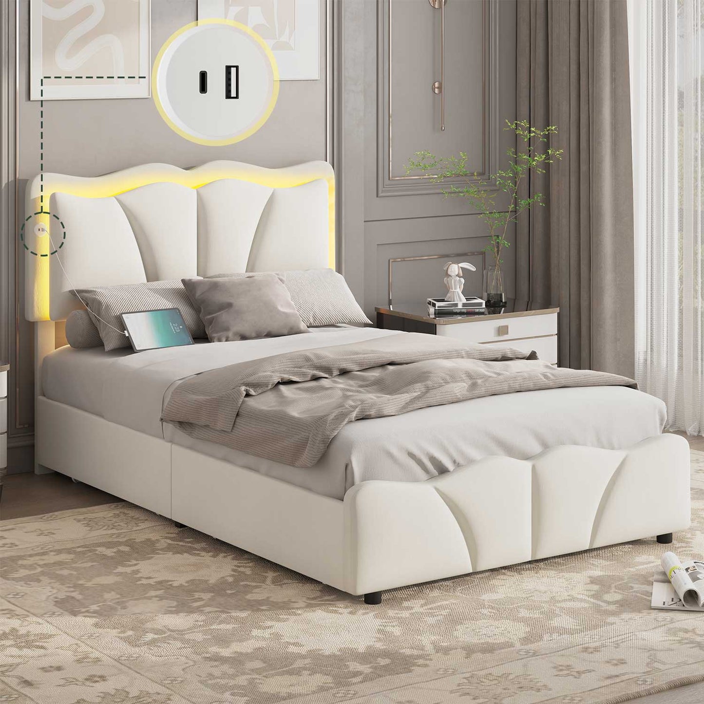 AOGLLATI Bed Frame AOGLLATI Bed Frame with 4 Drawers, Upholstered LED Bed Frame with Adjustable Flowers Headboard