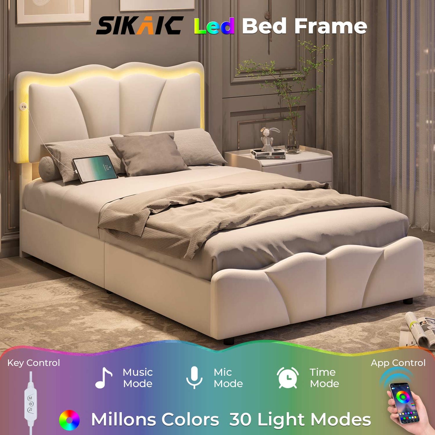 AOGLLATI Bed Frame AOGLLATI Bed Frame with 4 Drawers, Upholstered LED Bed Frame with Adjustable Flowers Headboard