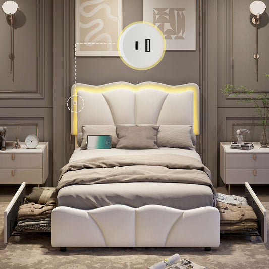 AOGLLATI Bed Frame AOGLLATI Bed Frame with 4 Drawers, Upholstered LED Bed Frame with Adjustable Flowers Headboard