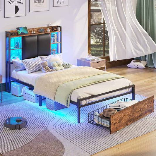 AOGLLATI Bed Frame AOGLLATI Bed Frame with Charging Station and Led Lights Vintage Brown
