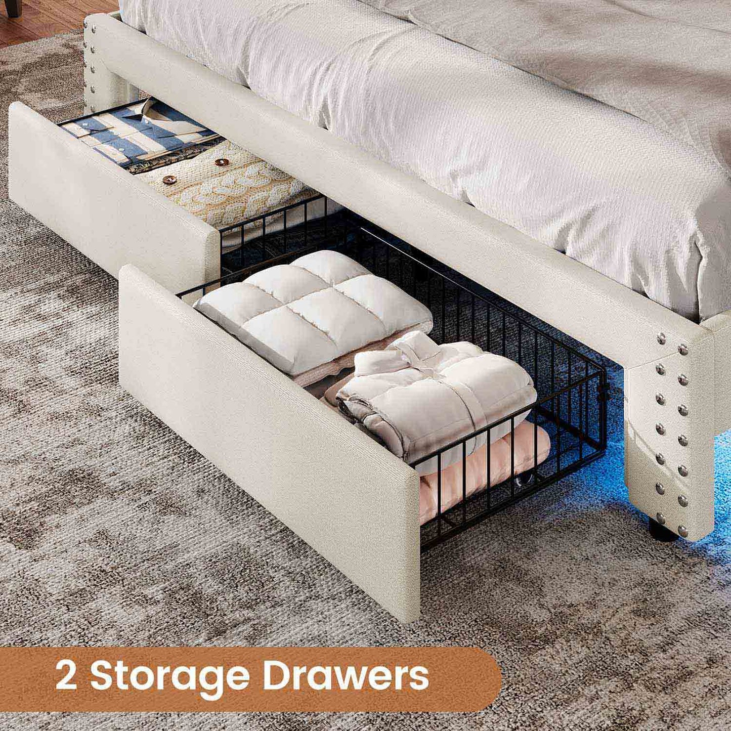 AOGLLATI Bed Frame AOGLLATI Led Bed Frame with 2 Storage Drawers & Charging Station Beige