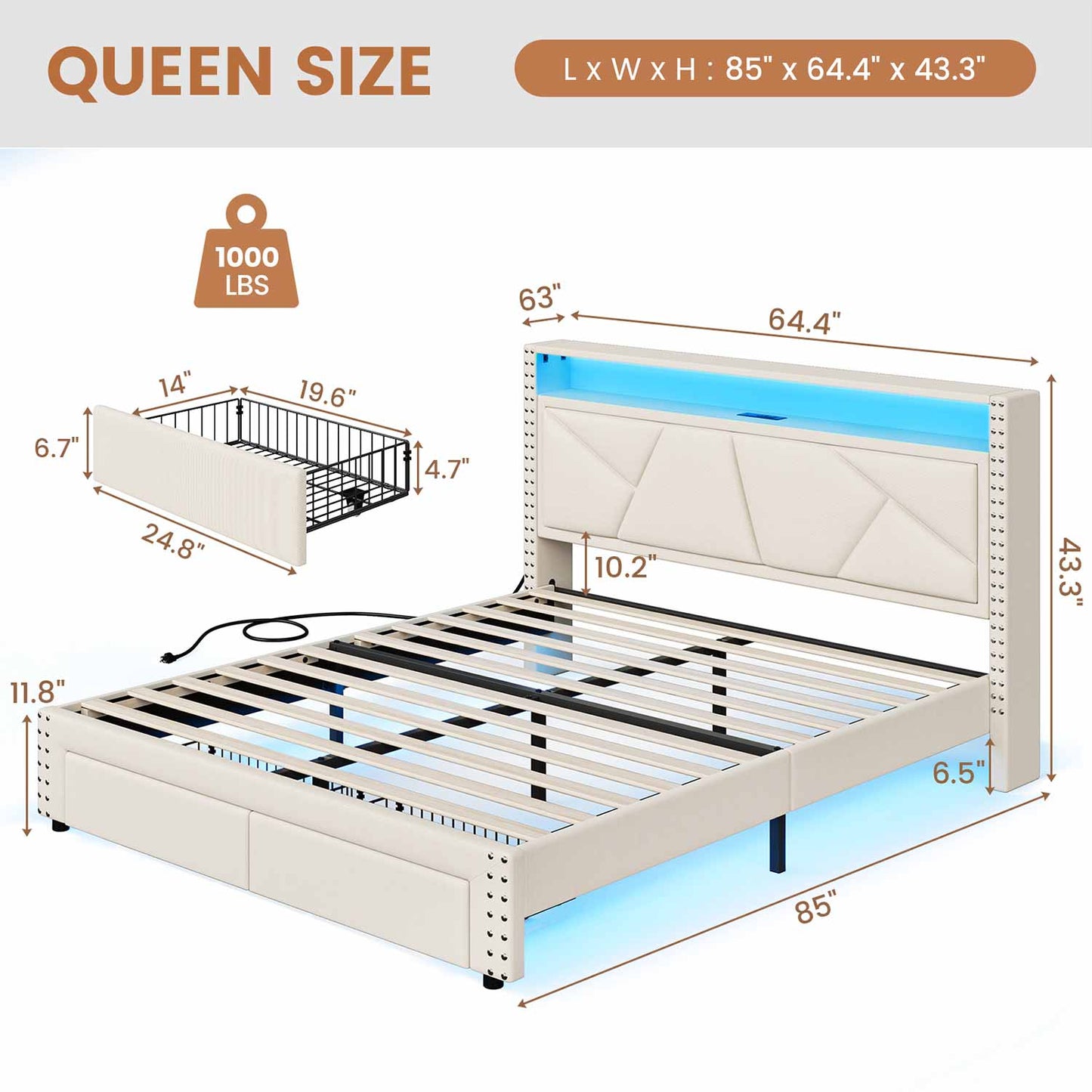AOGLLATI Bed Frame AOGLLATI Led Bed Frame with 2 Storage Drawers & Charging Station Beige