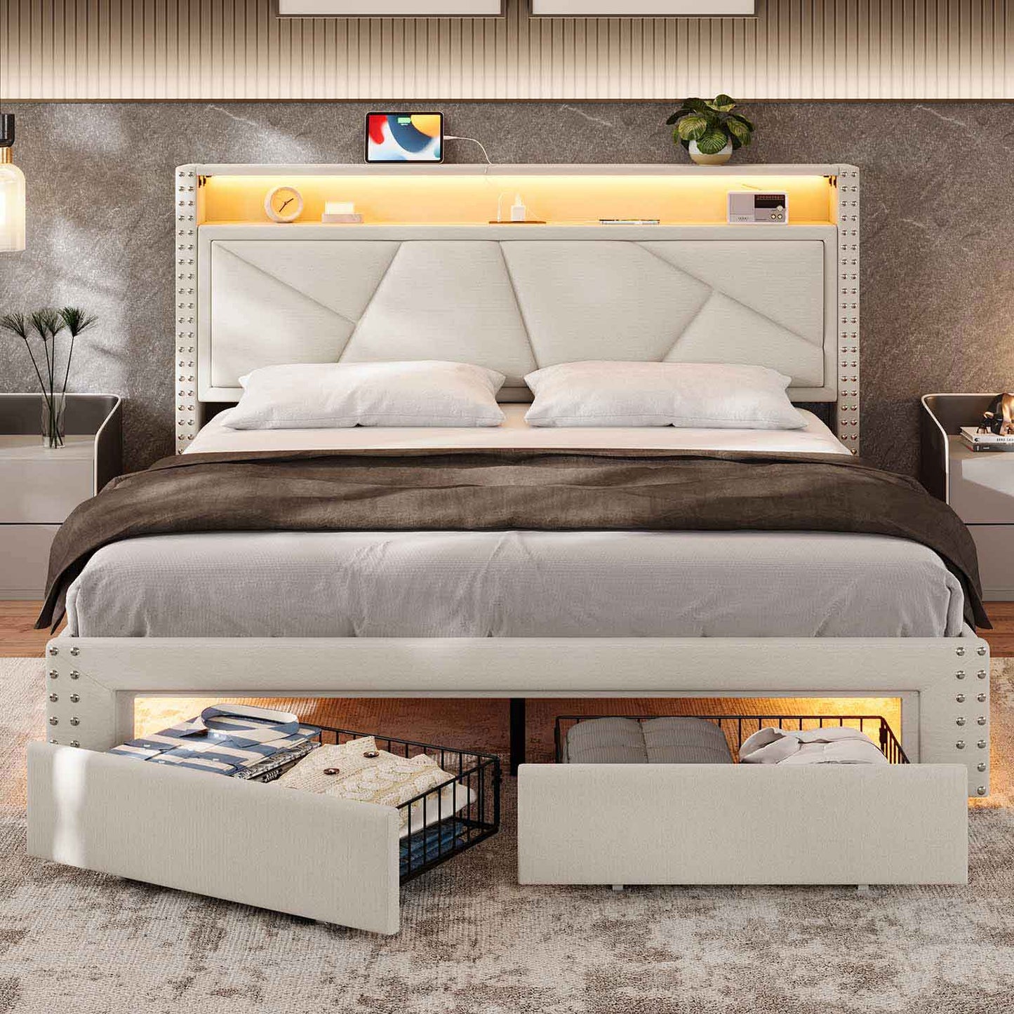 AOGLLATI Bed Frame AOGLLATI Led Bed Frame with 2 Storage Drawers & Charging Station Beige