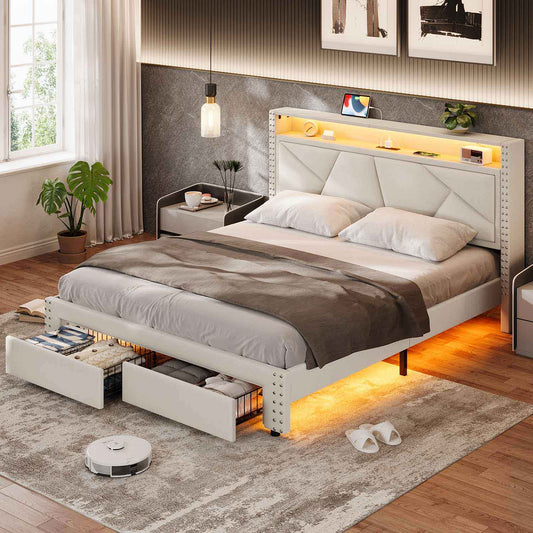 AOGLLATI Bed Frame AOGLLATI Led Bed Frame with 2 Storage Drawers & Charging Station Beige