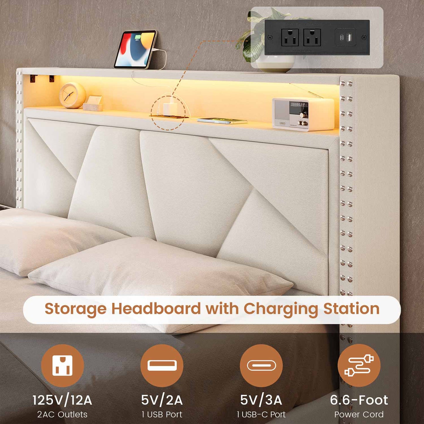 AOGLLATI Bed Frame AOGLLATI Led Bed Frame with 2 Storage Drawers & Charging Station Beige