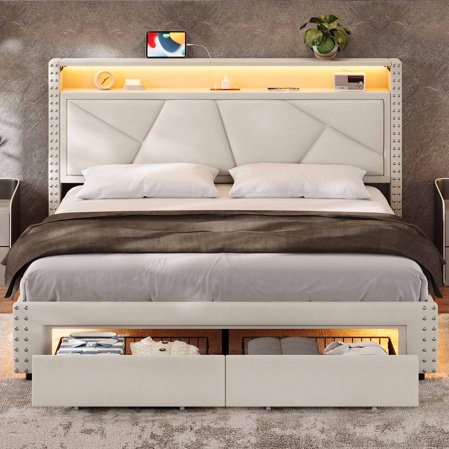 AOGLLATI Bed Frame AOGLLATI Led Bed Frame with 2 Storage Drawers & Charging Station Beige