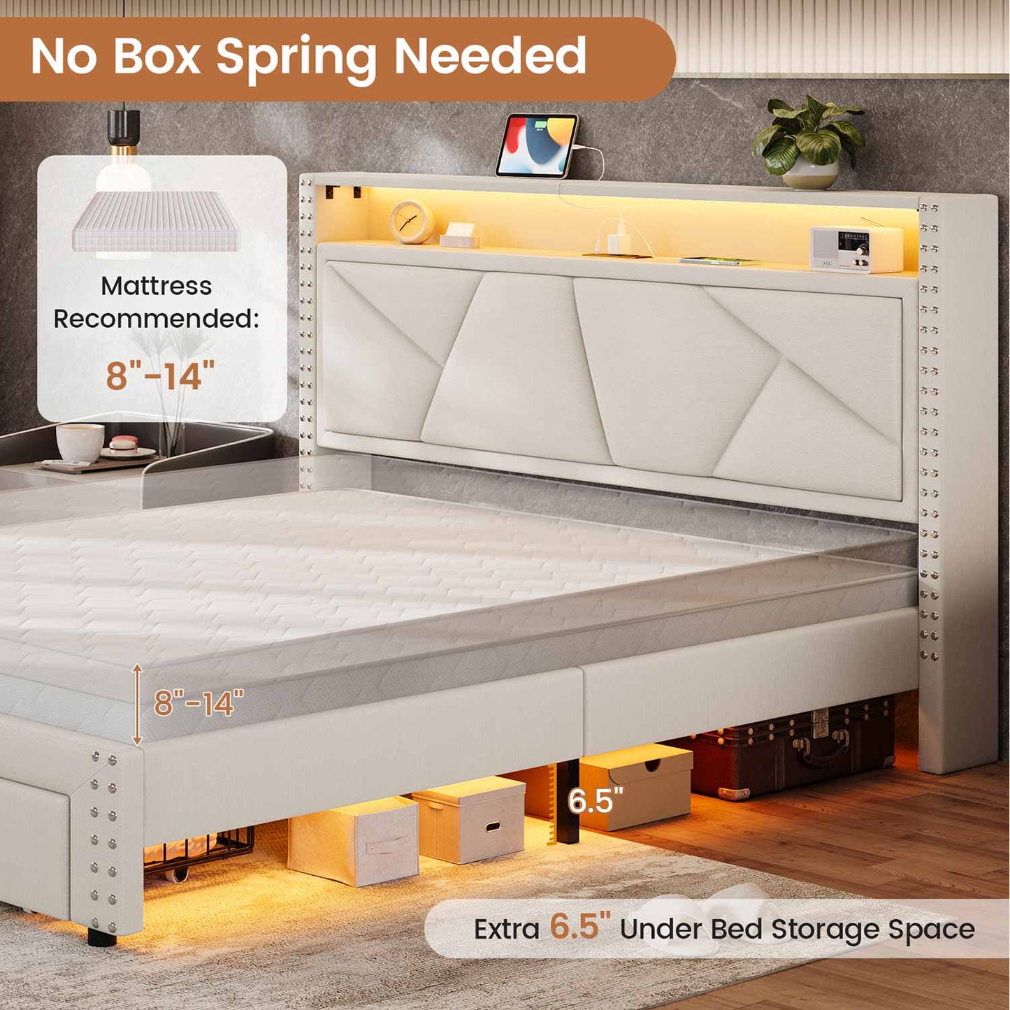 AOGLLATI Bed Frame AOGLLATI Led Bed Frame with 2 Storage Drawers & Charging Station Beige