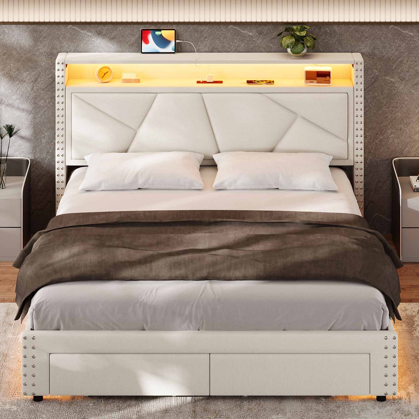 AOGLLATI Bed Frame AOGLLATI Led Bed Frame with 2 Storage Drawers & Charging Station Beige