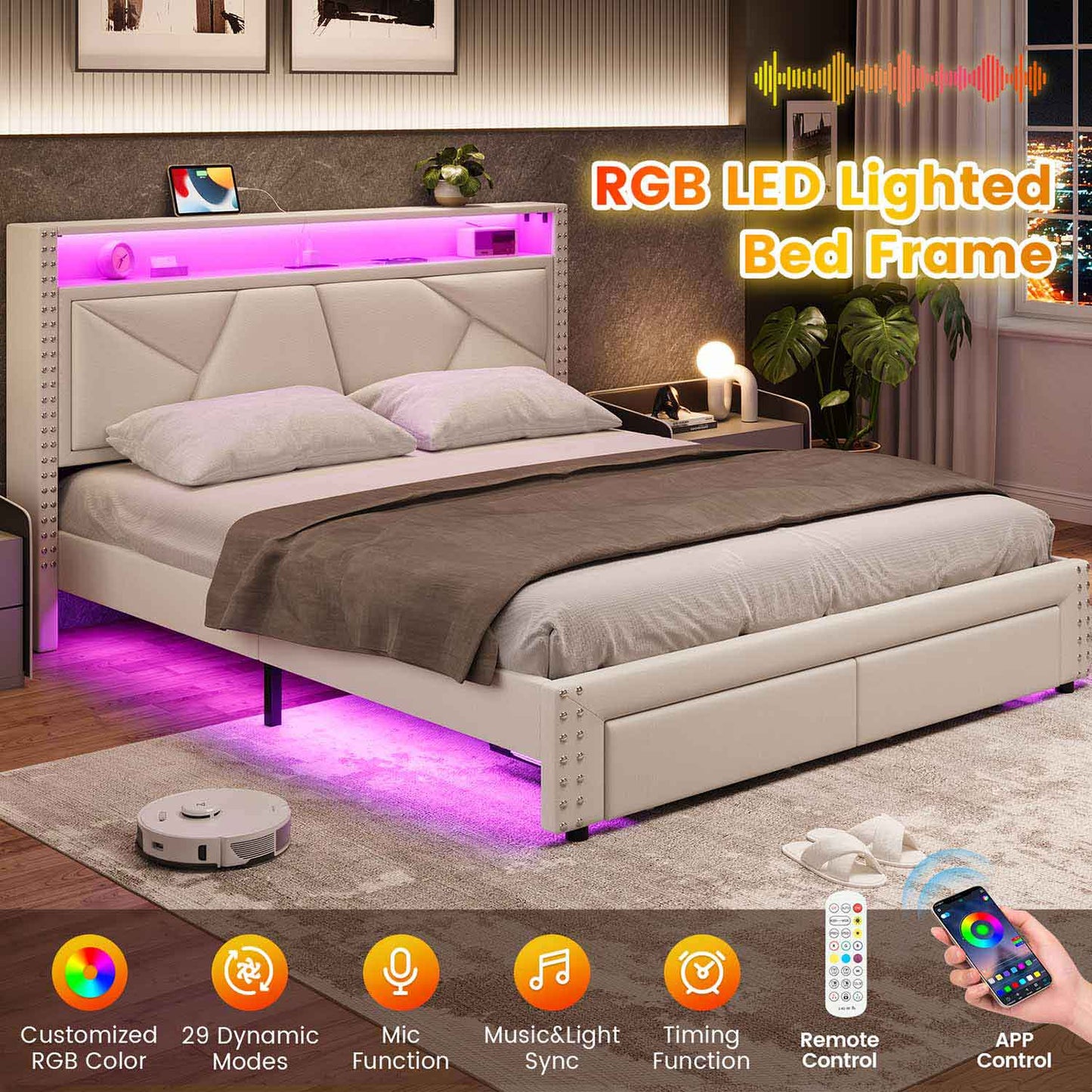 AOGLLATI Bed Frame AOGLLATI Led Bed Frame with 2 Storage Drawers & Charging Station Beige