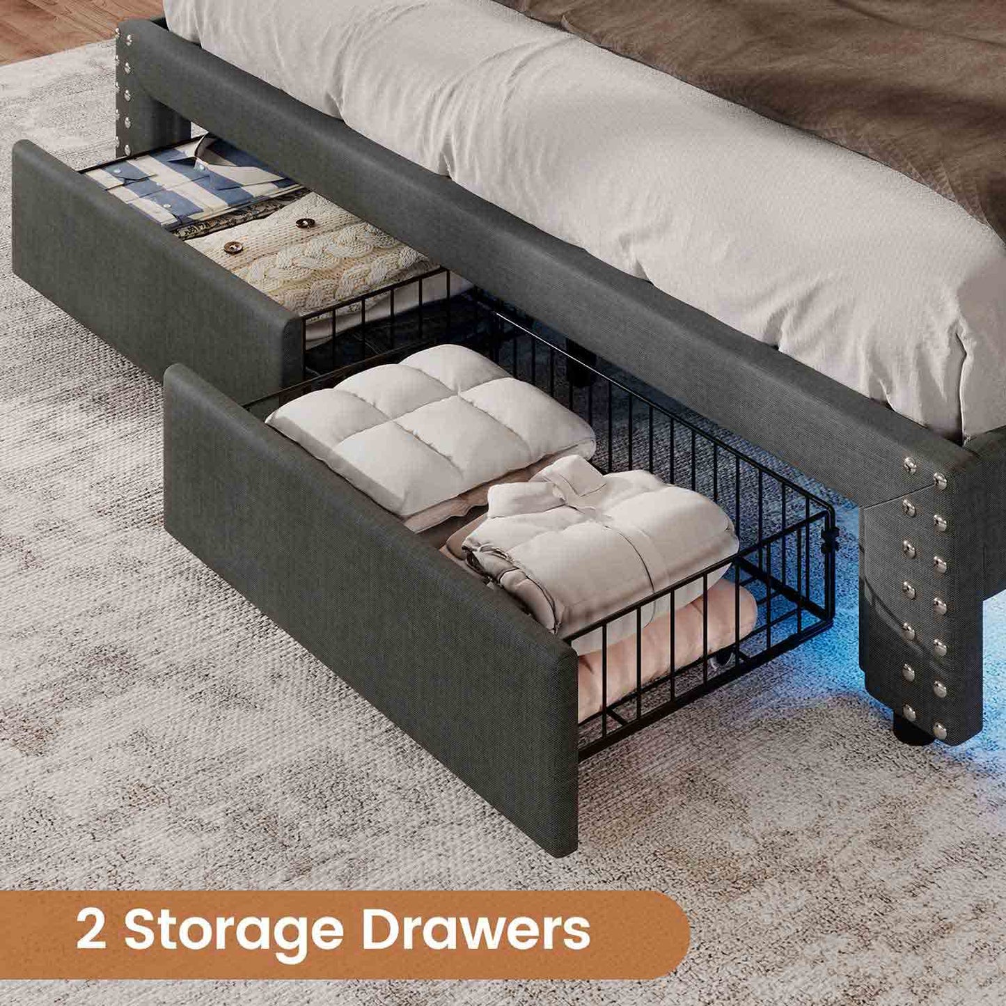 AOGLLATI Bed Frame AOGLLATI Led Bed Frame with 2 Storage Drawers & Charging Station Dark Gray