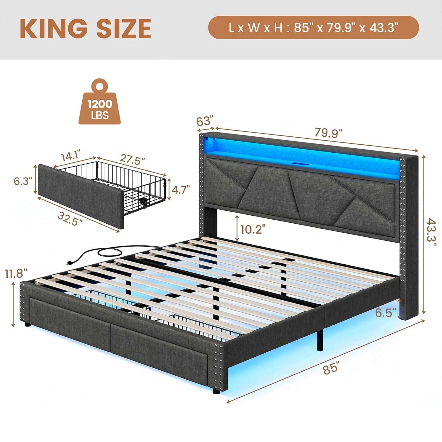 AOGLLATI Bed Frame AOGLLATI Led Bed Frame with 2 Storage Drawers & Charging Station Dark Gray