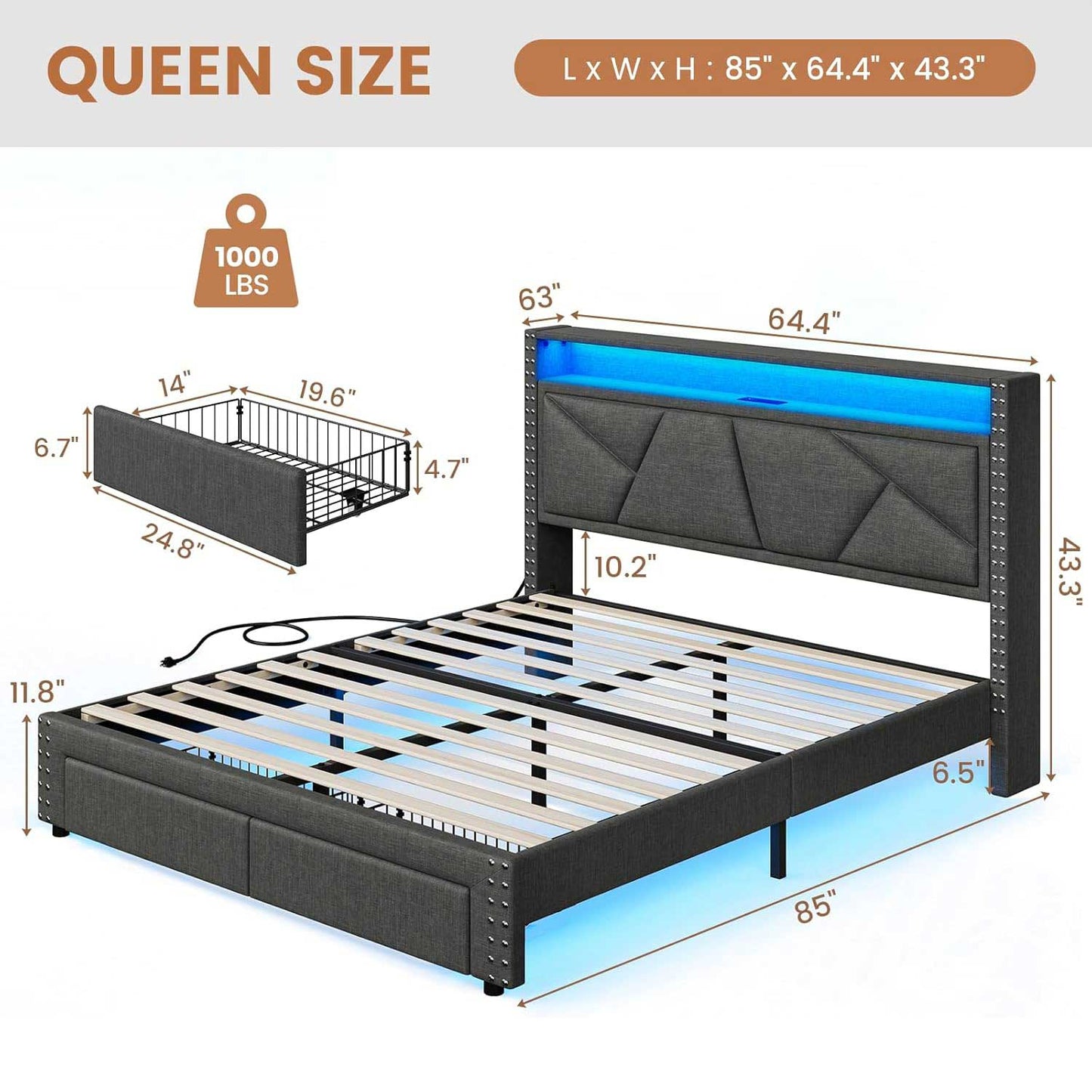 AOGLLATI Bed Frame AOGLLATI Led Bed Frame with 2 Storage Drawers & Charging Station Dark Gray