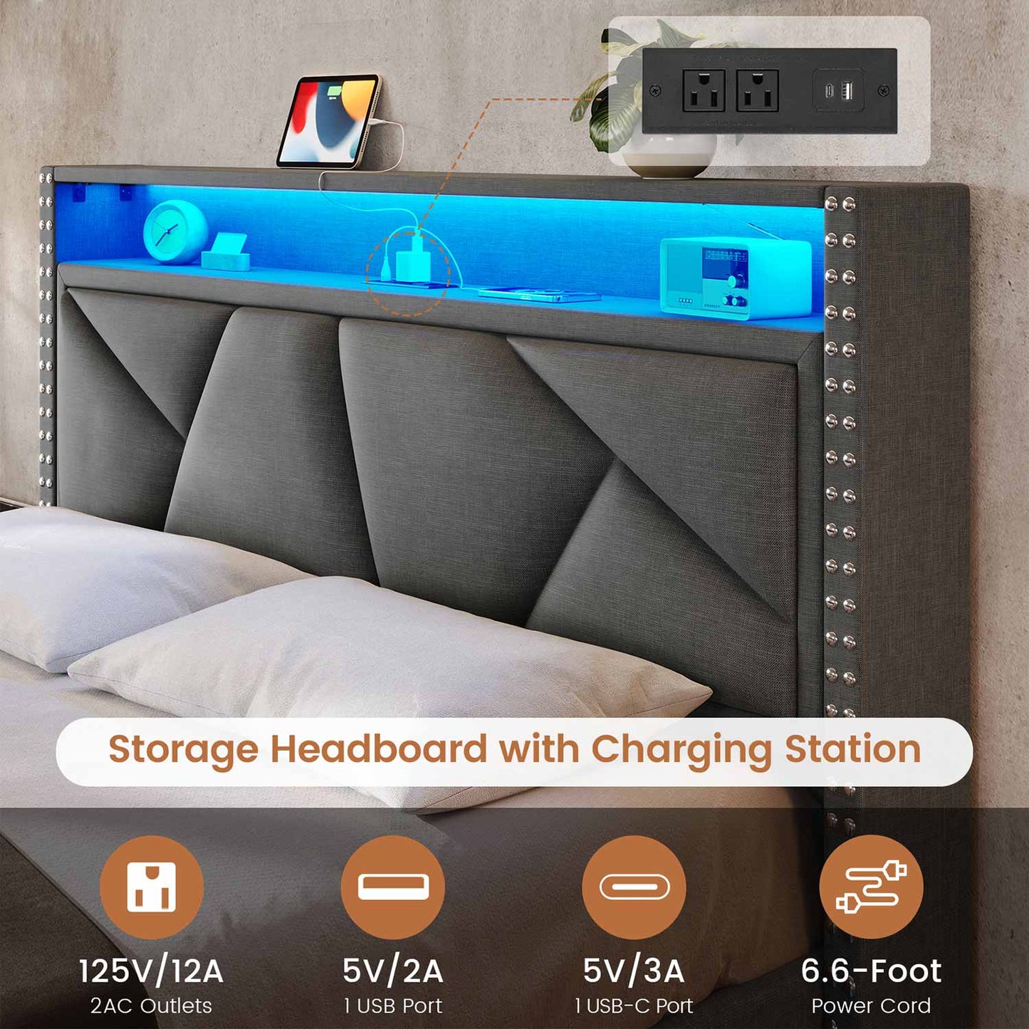 AOGLLATI Bed Frame AOGLLATI Led Bed Frame with 2 Storage Drawers & Charging Station Dark Gray