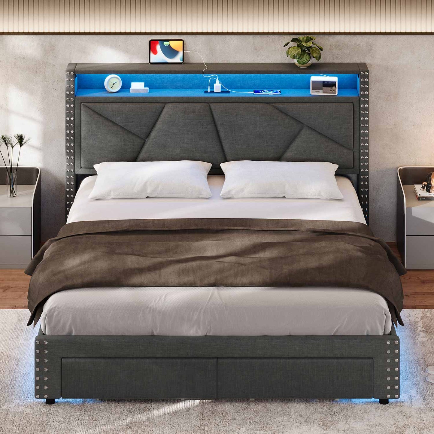 AOGLLATI Bed Frame AOGLLATI Led Bed Frame with 2 Storage Drawers & Charging Station Dark Gray